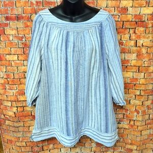Lands' End Linen Striped Blue & White Tunic Style Blouse Size Large 3/4 Sleeve